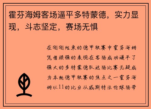 霍芬海姆客场逼平多特蒙德，实力显现，斗志坚定，赛场无惧